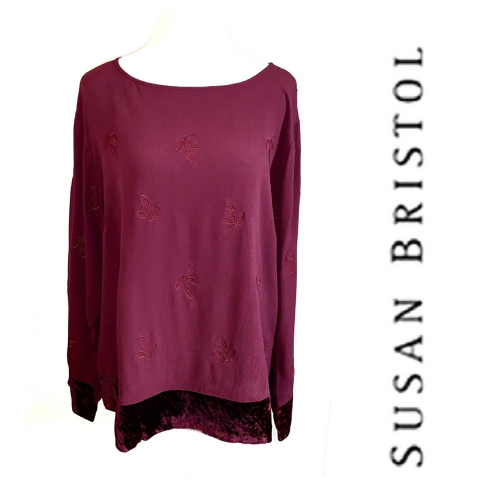 Rich Burgundy Blouse with Velvet Trim